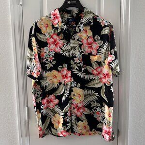 George Mens Hawaiian Shirt L Black Floral Print 100% Rayon Short Sleeve Button F